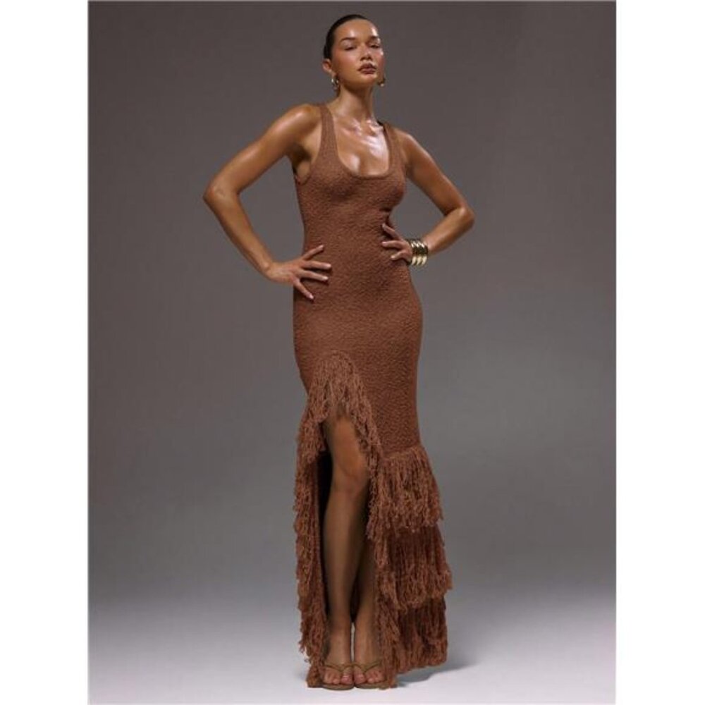 NEW‎ - Elegant Chocolate Brown Scoop Neck Fringe Split Detail Maxi Dress